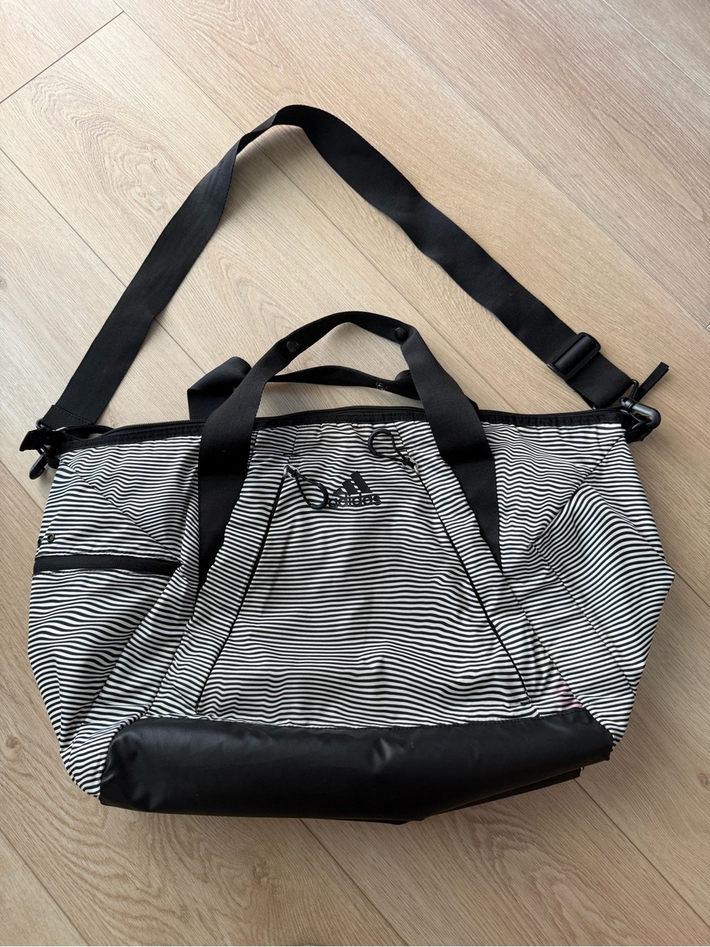 Adidas, Black & White Striped Duffel Bag with Adjustable Shoulder Strap